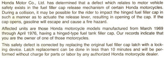 Honda fuel filler recall letter